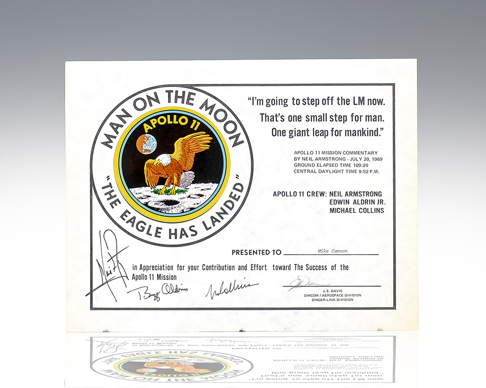 Neil Armstrong, Buzz Aldrin, Michael Collins, and J. E. Davis Signed Apollo 11 Certificate.