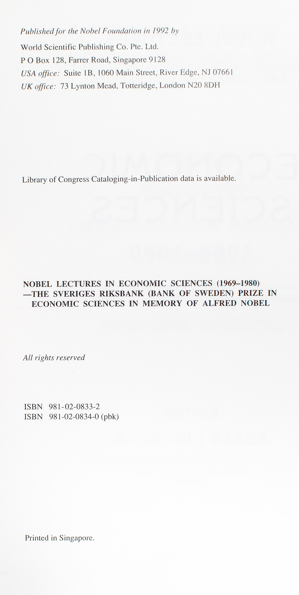 Nobel Lectures: Economic Sciences 1969-1980.