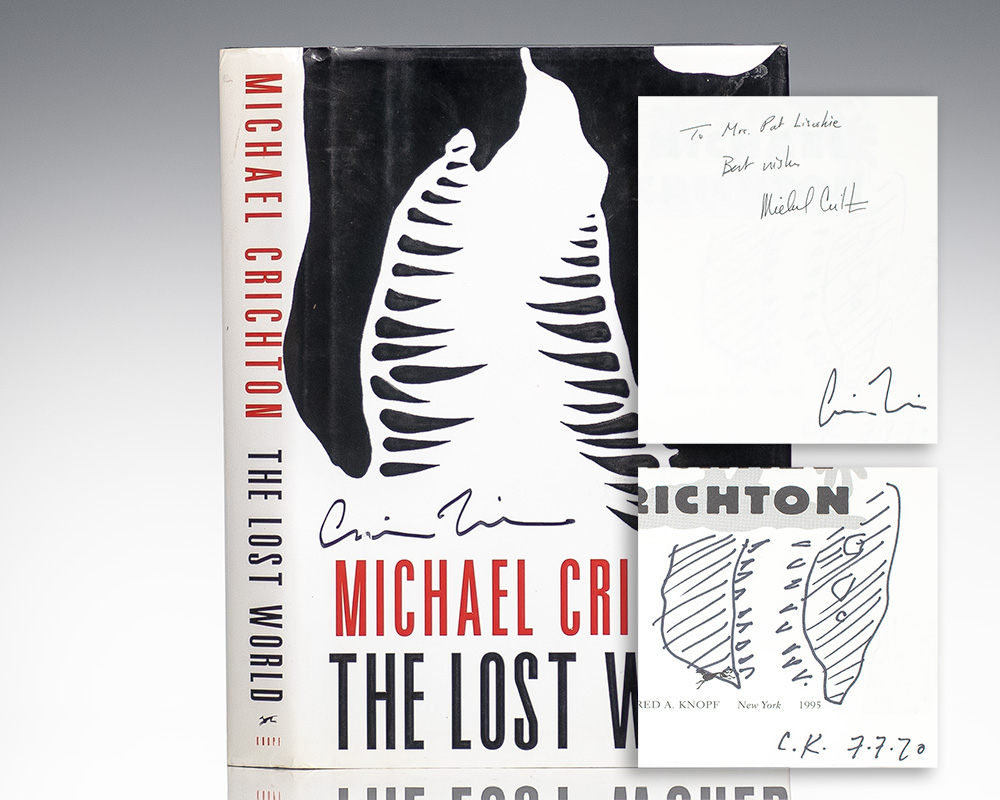 First edition of The Lost World; signed by Michael Crichton and three times by Jacket Designer Chip Kidd and with an original drawing