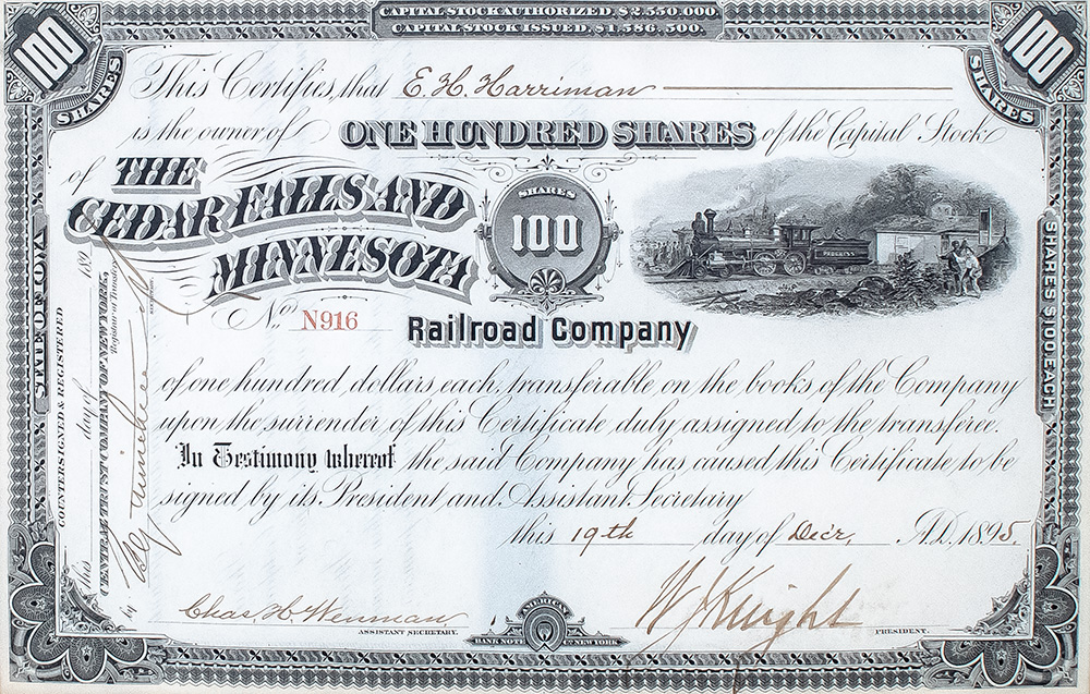 Edward Henry Harriman Signed Stock Certificate for the Cedar Falls and Minnesota Railroad Company.