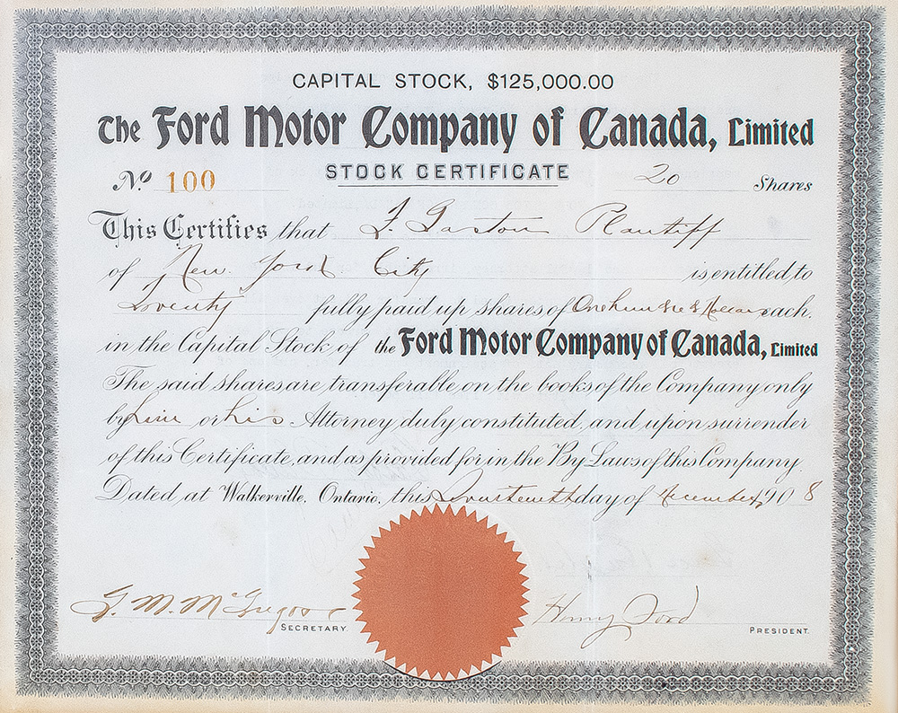 Henry Ford Signed Stock Certificate for the Ford Motor Company of Canada.