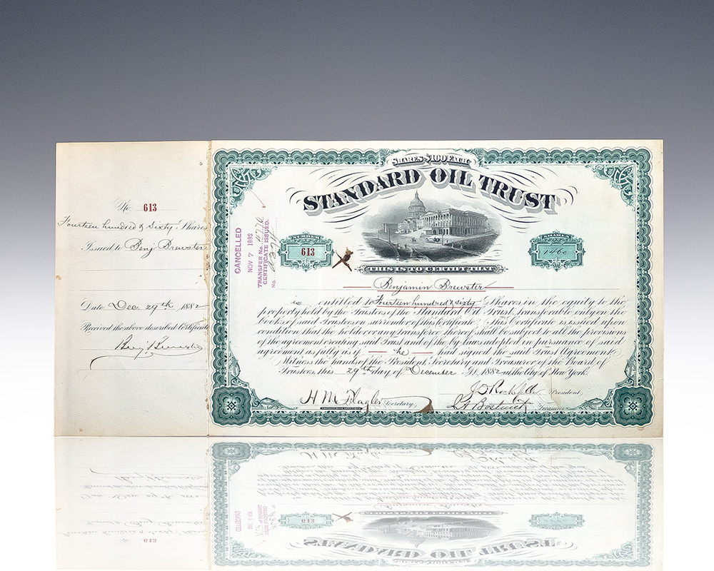 John D. Rockefeller and Henry Morrison Flagler Signed Standard Oil Trust Stock Certificate.