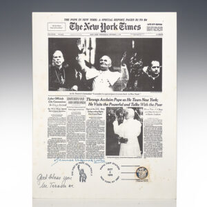 Mother Teresa and Terence Cardinal Cooke Signed 'Visit of Pope John Paul II' New York Times Front Page Souvenir.