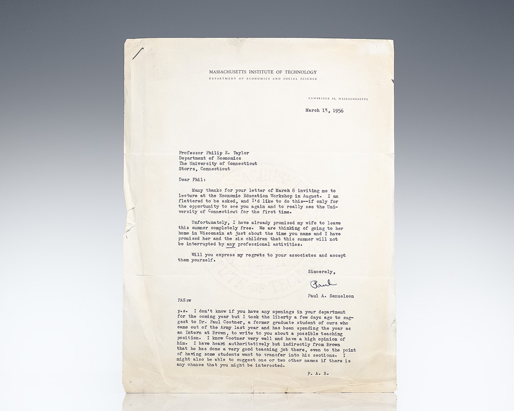 Paul A. Samuelson Typed Letter Signed.