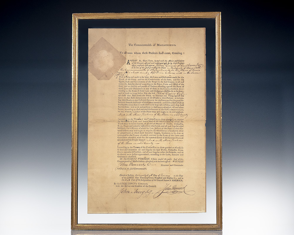 John Hancock Justice of the Peace Appointment Signed as Governor of Massachusetts.