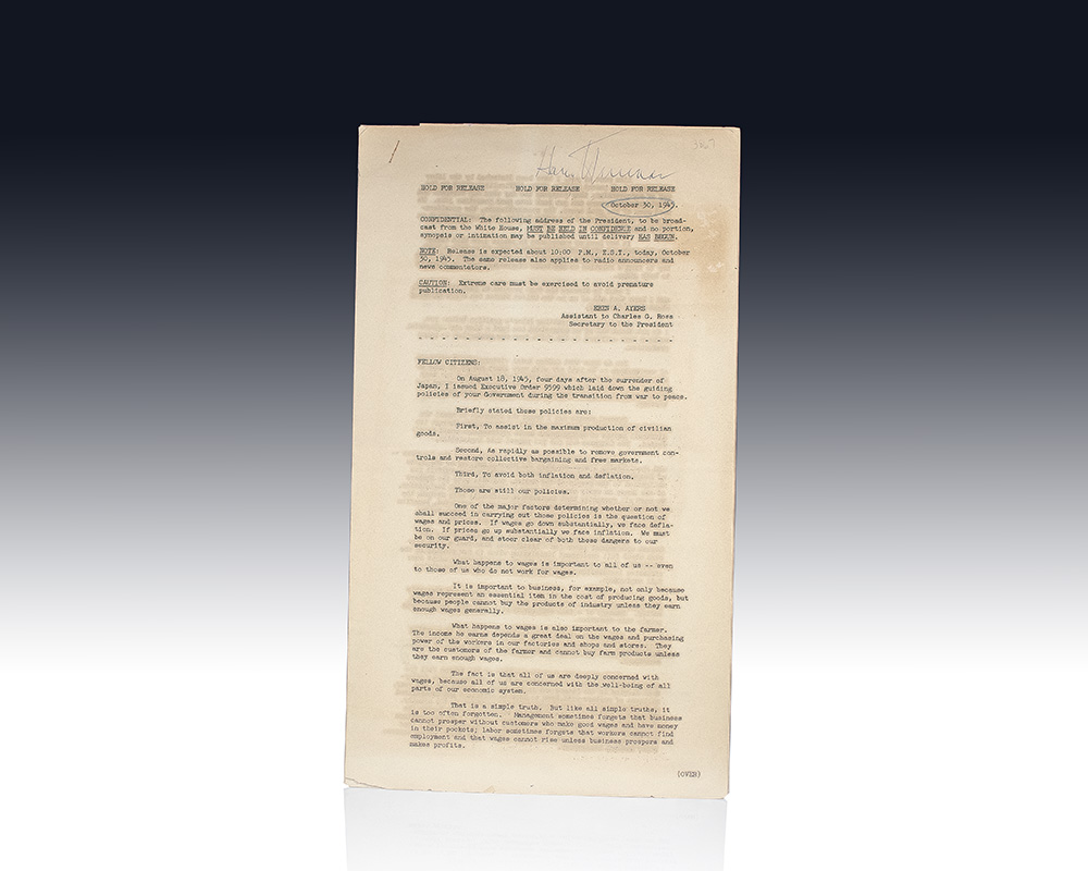 Radio Address to the American People on Wages and Prices in the Reconversion Period. [Harry S. Truman Advance Press Copy Signed Presidential Address].
