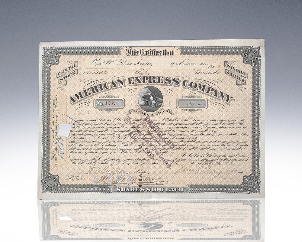 William Fargo Signed Stock Certificate for American Express Company.