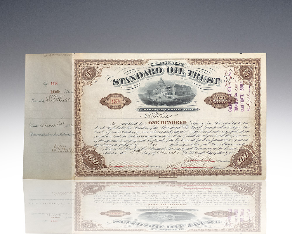 John D. Rockefeller and John Archbold Signed Standard Oil Trust Stock Certificate.