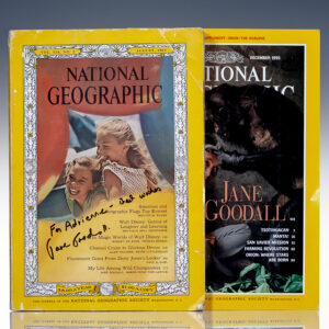 Jane Goodall Signed 1963 National Geographic Magazine. [with] 1995 National Geographic Magazine with Jane Goodall Cover Photo.