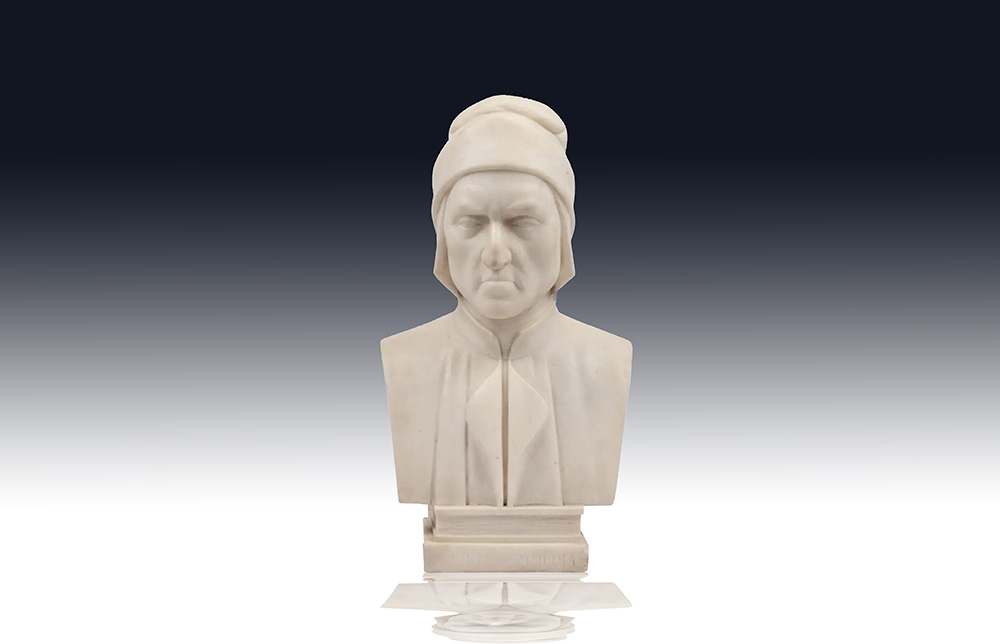 Marble bust sculpture of a man wearing a hooded robe
