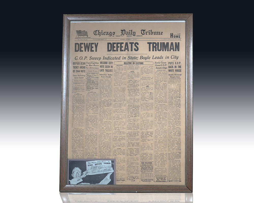 Dewey Defeats Truman Chicago Daily Tribune Newspaper; Harry S. Truman Photograph Reproduction Signed.