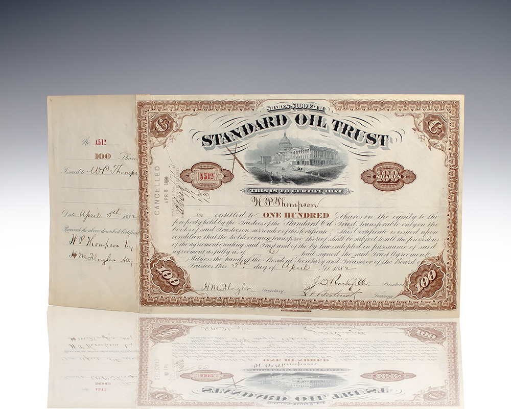 John D. Rockefeller and Henry Morrison Flagler Signed Standard Oil Trust Stock Certificate.