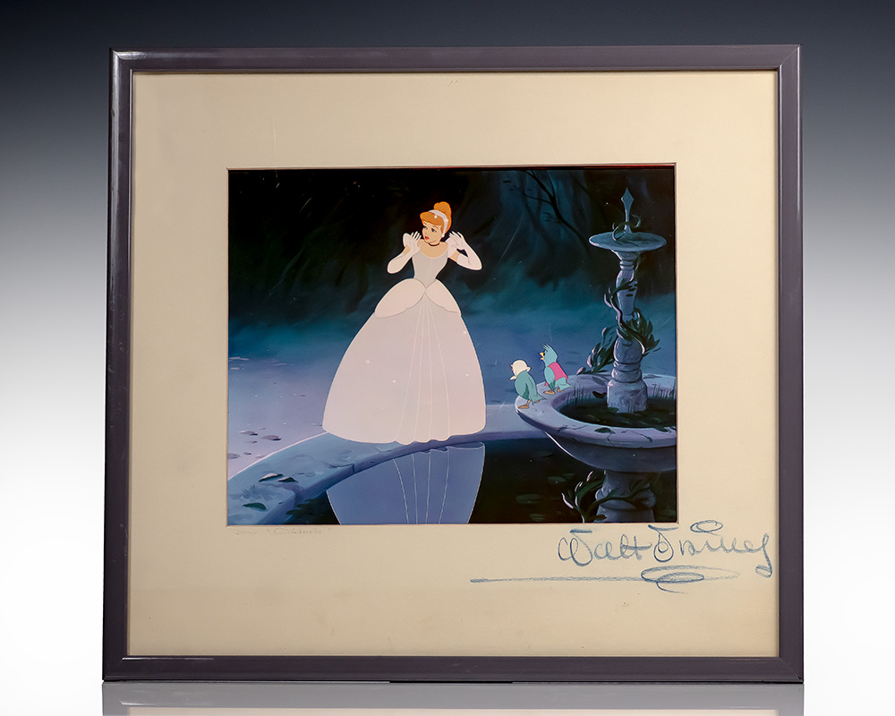 Cinderella standing by a fountain with two small birds