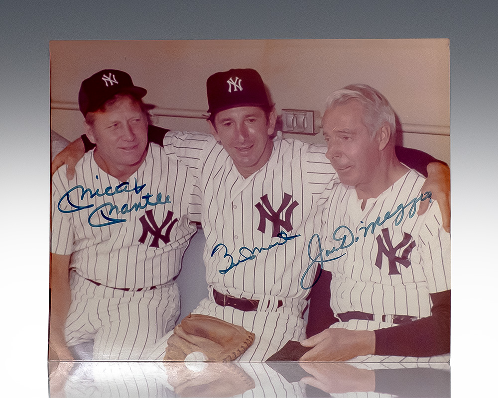 Mickey Mantle, Joe DiMaggio, and Billy Martin Signed Photograph.