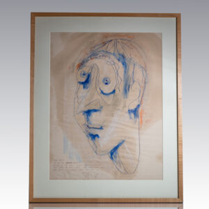 Framed abstract portrait drawing in blue and orange tones on paper.
