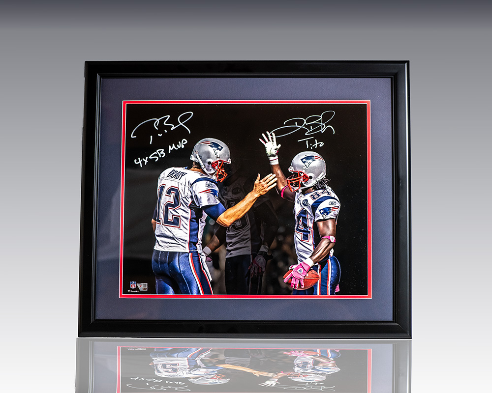 Framed signed photo of Tom Brady and Deion Branch high-fiving