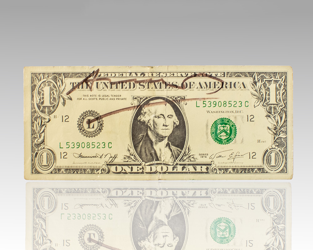 Andy Warhol Signed Miniature Facsimile One Dollar Bill.