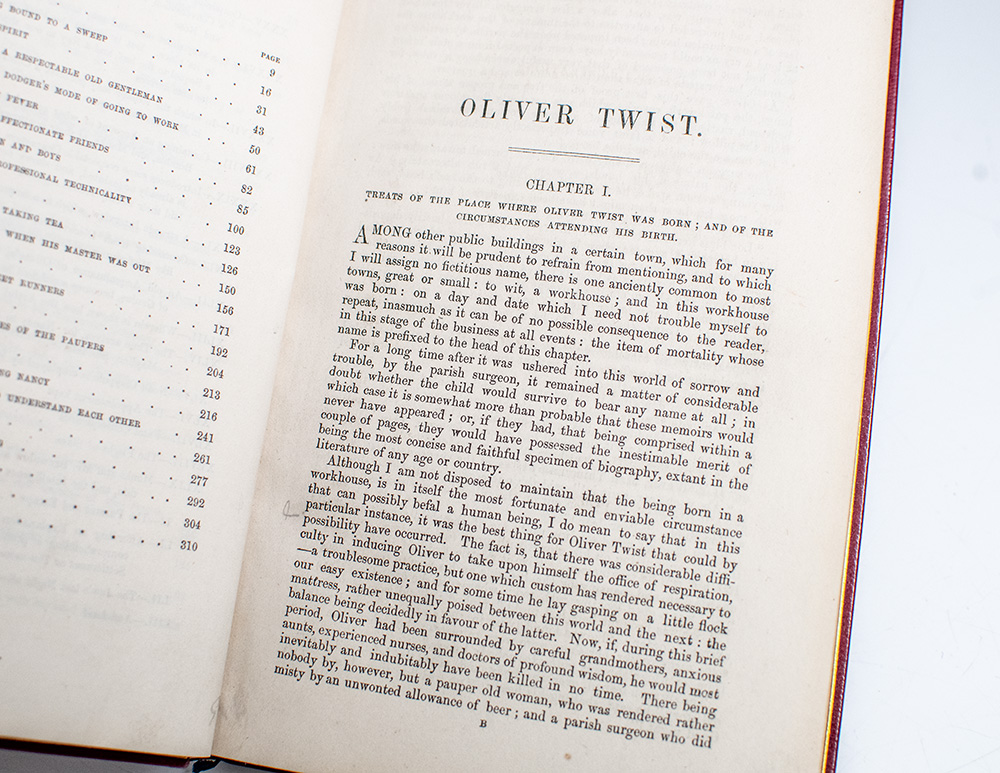 The Selected Works of Charles Dickens: Sketches by Boz Illustrative of Every-Day Life and Every-Day People, The Posthumous Papers of the Pickwick Club, The Life and Adventures of Nicholas Nickleby, Master Humphrey’s Clock, The Life and Adventures of Martin Chuzzlewit, Dombey and Son, The Personal History of David Copperfield, Bleak House, Hard Times. For These Times, Little Dorrit, A Tale of Two Cities, The Uncommercial Traveller, The Adventures of Oliver Twist, Our Mutual Friend, The Mystery of Edwin Drood.