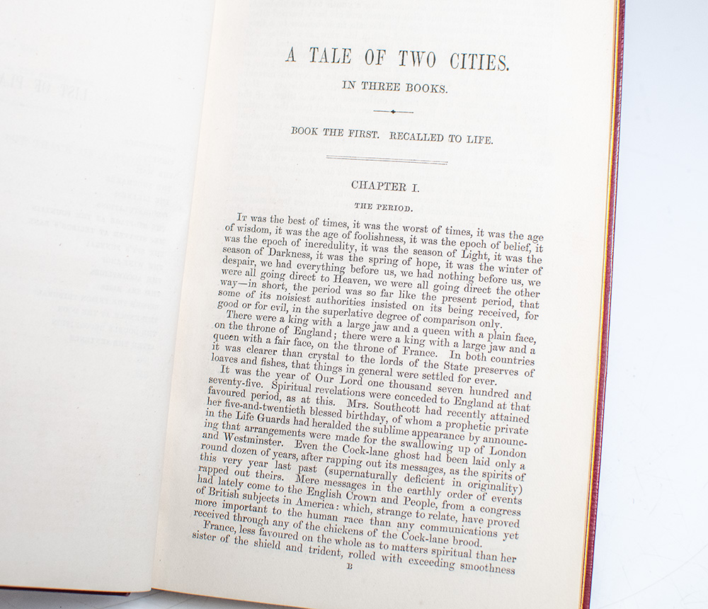 The Selected Works of Charles Dickens: Sketches by Boz Illustrative of Every-Day Life and Every-Day People, The Posthumous Papers of the Pickwick Club, The Life and Adventures of Nicholas Nickleby, Master Humphrey’s Clock, The Life and Adventures of Martin Chuzzlewit, Dombey and Son, The Personal History of David Copperfield, Bleak House, Hard Times. For These Times, Little Dorrit, A Tale of Two Cities, The Uncommercial Traveller, The Adventures of Oliver Twist, Our Mutual Friend, The Mystery of Edwin Drood.