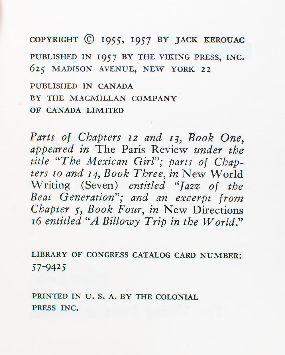 The Novels of Jack Kerouac: The Town and the City, On the Road, The Subterraneans, The Dharma Bums, Doctor Sax, Maggie Cassidy, Tristessa, Book of Dreams, Big Sur, Visions of Gerard, Desolation Angels, Satori in Paris, Vanity of Duluoz.