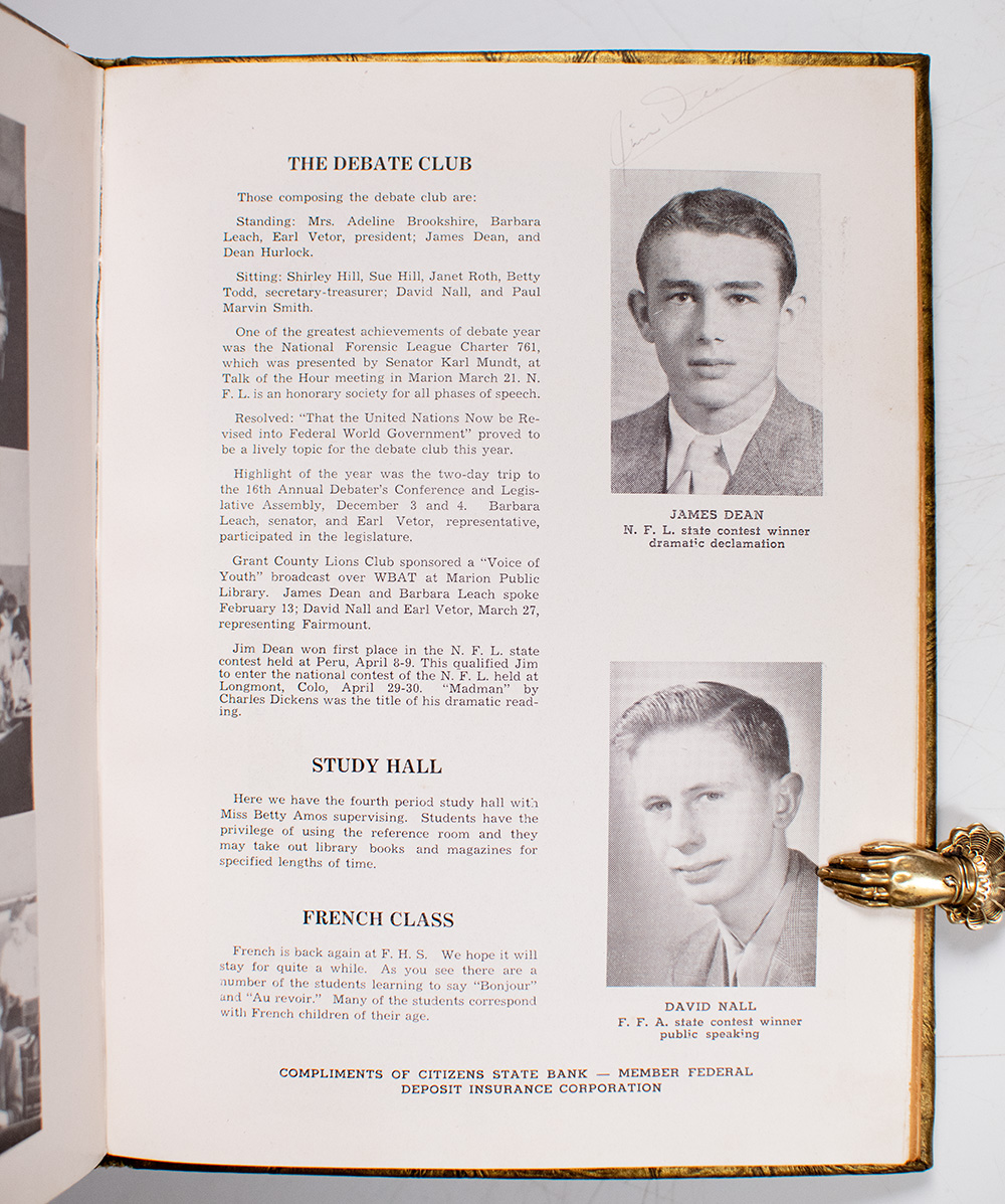 James Dean Signed 1949 Black and Gold Fairmount High School Yearbook.