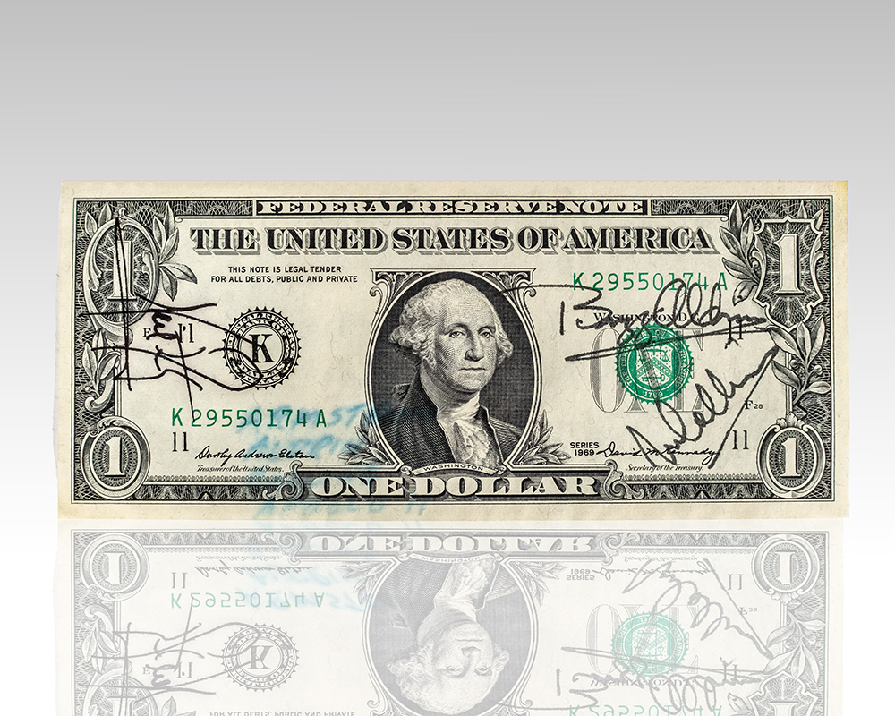 Neil Armstrong, Buzz Aldrin, and Michael Collins Signed Dollar Bill.