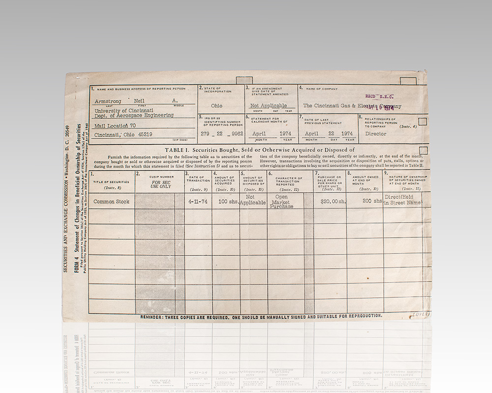 Neil Armstrong Signed Cincinnati Gas & Electric Company Stock Certificate.