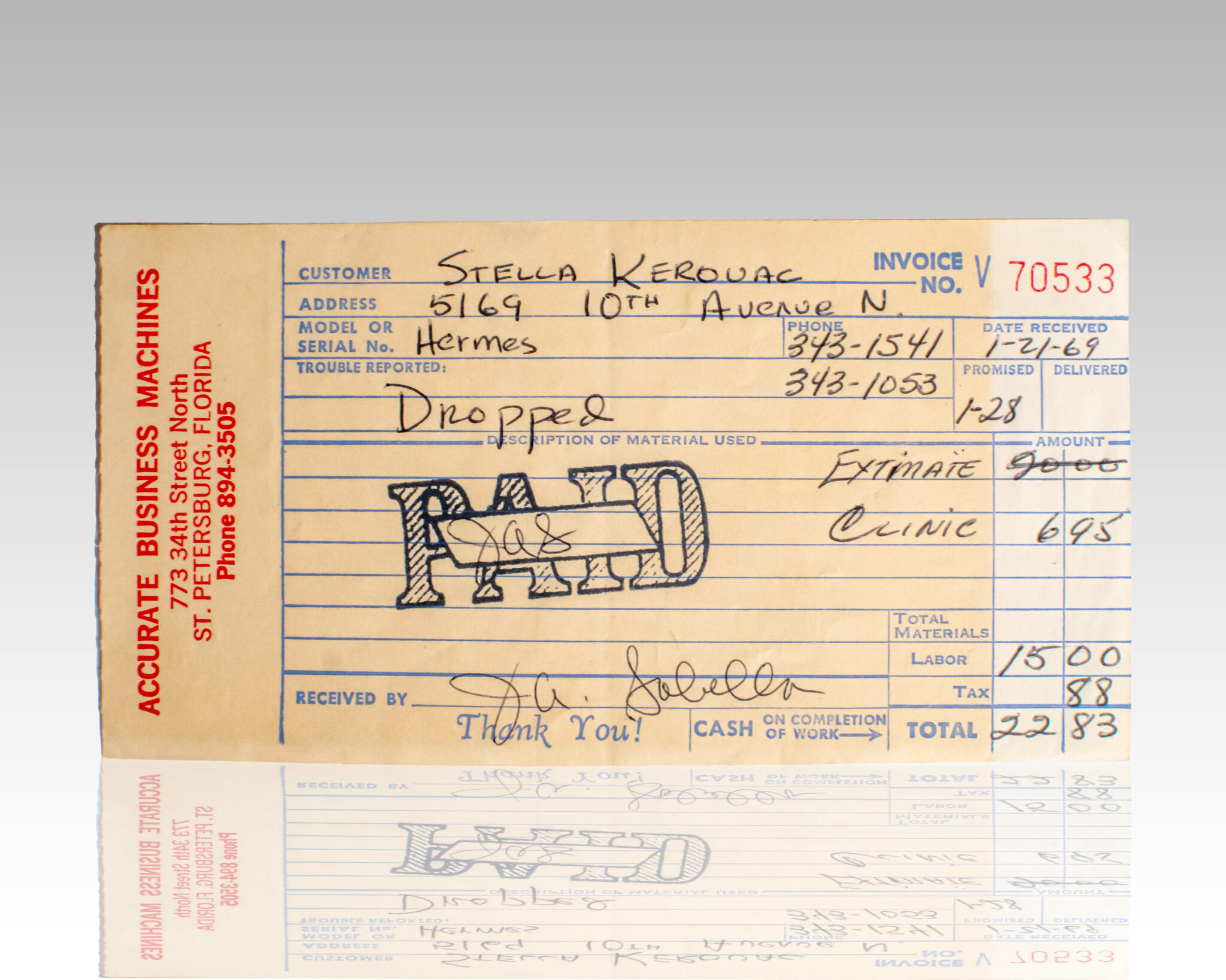 Jack Kerouac's Personally Owned Hermes 3000 Typewriter Manual and Repair Slip.