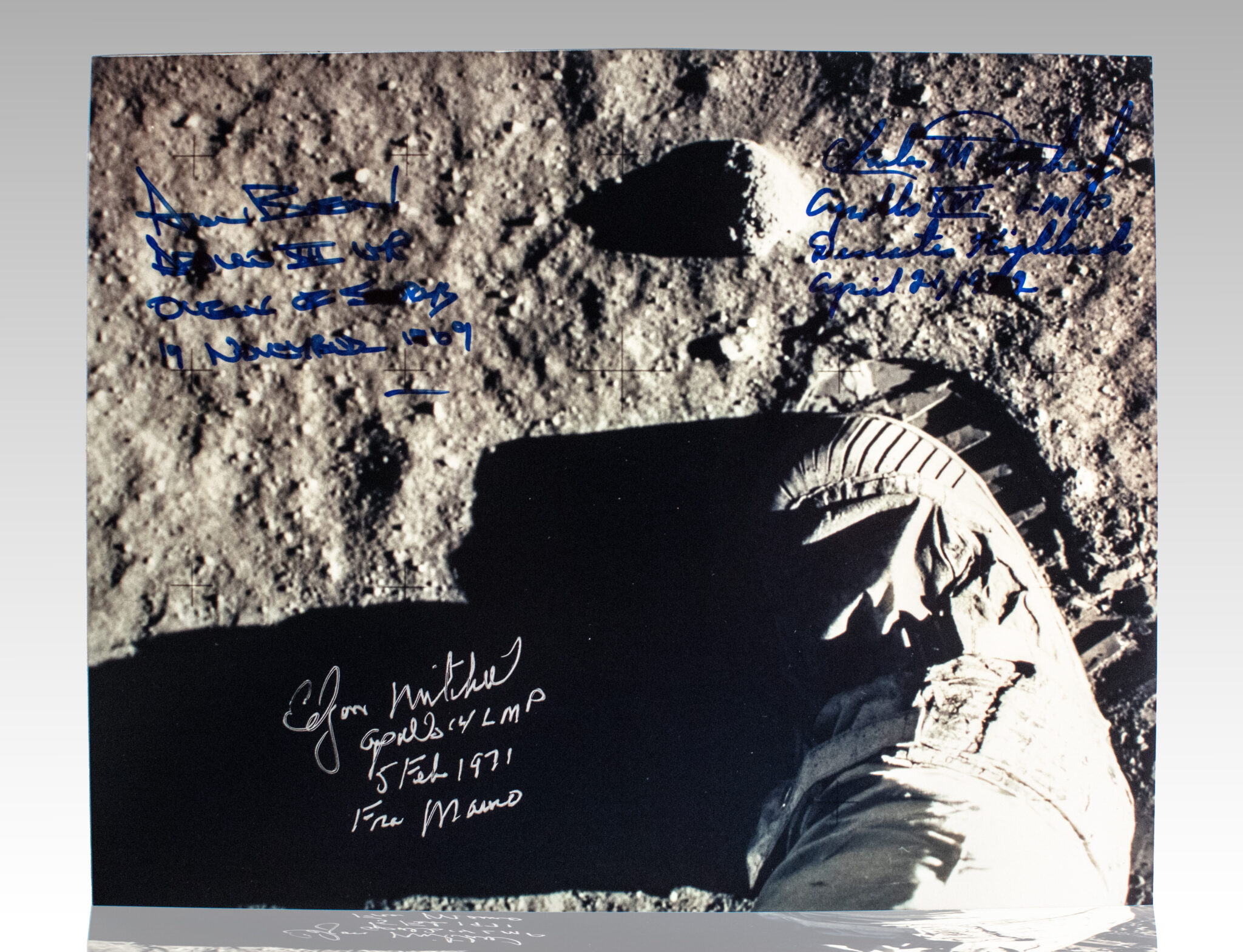 Alan Bean, Edgar Mitchell, and Charlie Duke Signed Photograph.