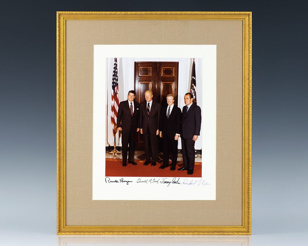 Photograph of Presidents Ronald Reagan, Gerald Ford, Jimmy Carter and Richard Nixon.