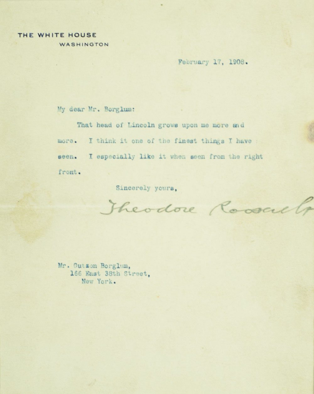Theodore Roosevelt Signed Letter To Gutzon Borglum. - Image 2