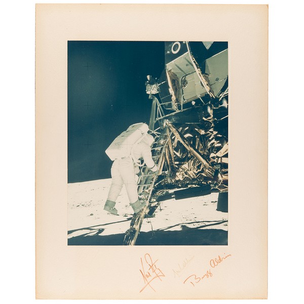 Neil Armstrong, Buzz Aldrin, and Michael Collins Signed Photograph of Descent Onto Lunar Surface. - Image 3