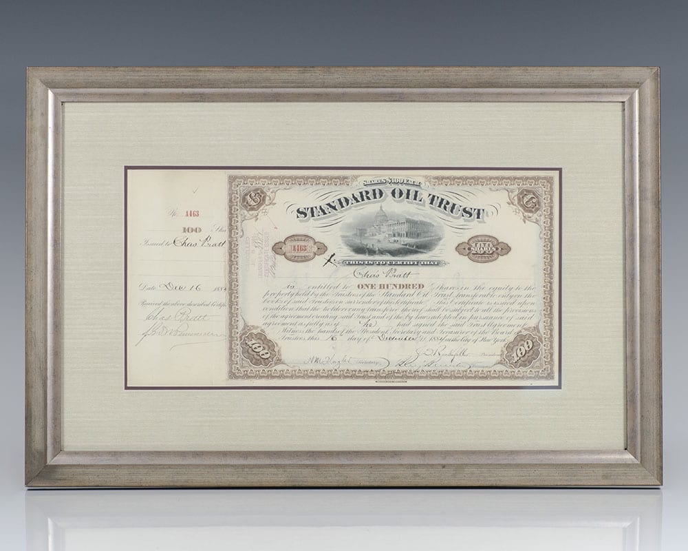 John D. Rockefeller and Henry Morrison Flagler Signed Standard Oil Stock Certificate.