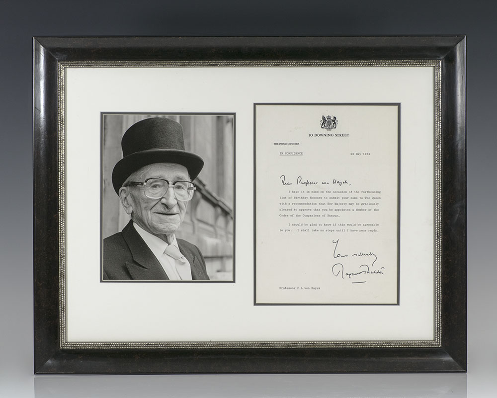 Margaret Thatcher Autograph Letter Signed to Friedrich von Hayek.