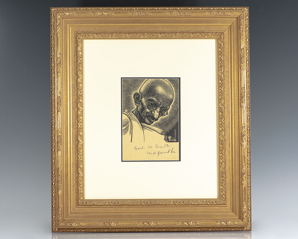Mohandas K. Gandhi Signed Engraving Portrait.