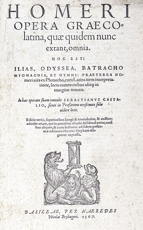 Homeri Opera Graeco-latina, quae quidem nunc extant, omnia. Hoc est: Ilias, Odyssea, Batracho Myomachia, et Hymni: Praeterea Homeri vita ex Plutarcho, cum Latina item interpretatione, locis communibus ubiq in margine notatis
