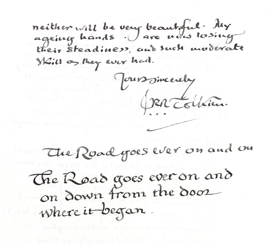 J.R.R. Tolkien Signed Calligraphic "The Road Goes Ever On and On" Quote and Autograph Letter