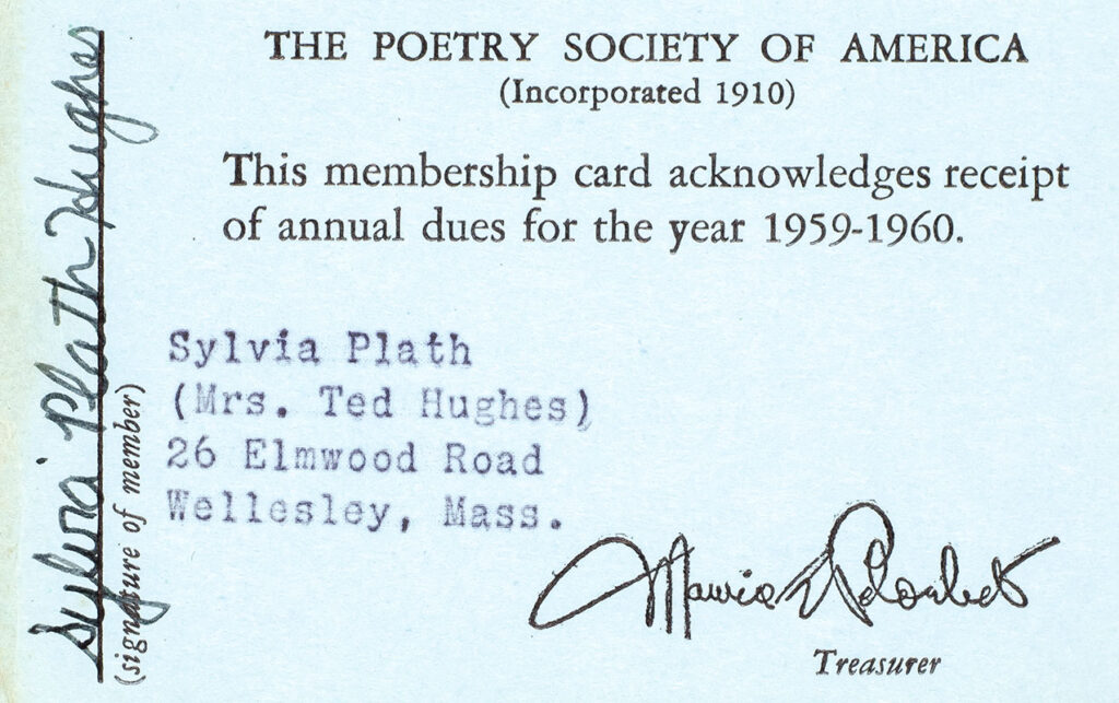 Sylvia Plath Signed Poetry Society of America Membership Card.