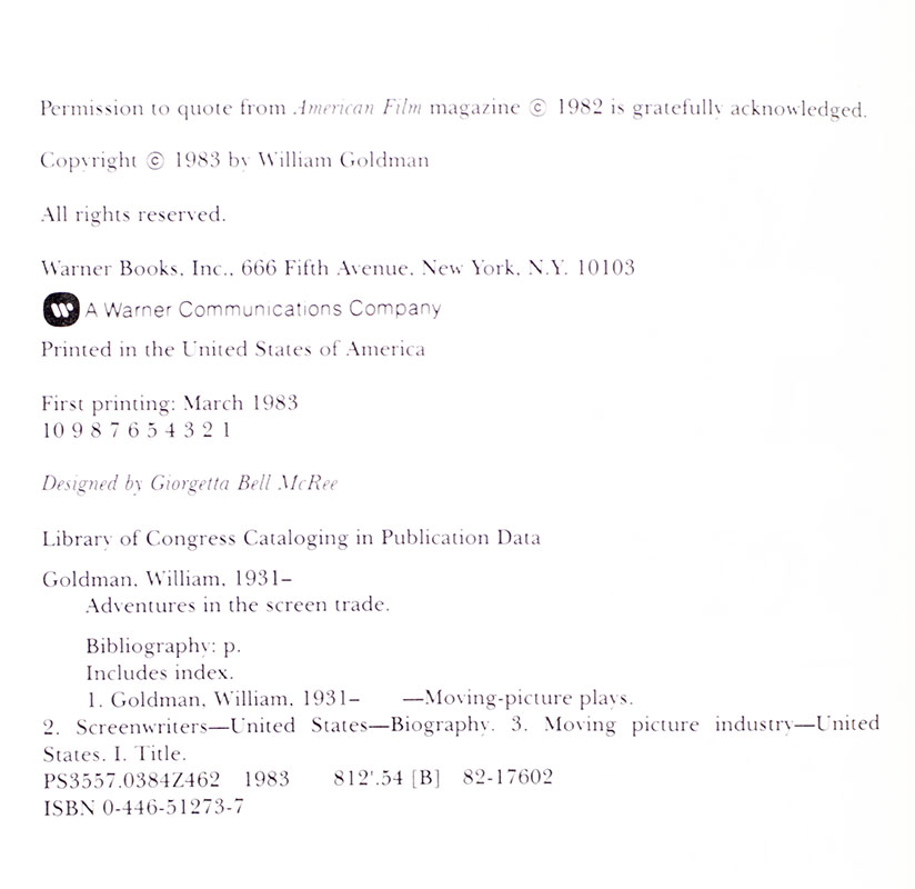 Adventures in the Screen Trade: A Personal View of Hollywood and Screenwriting.