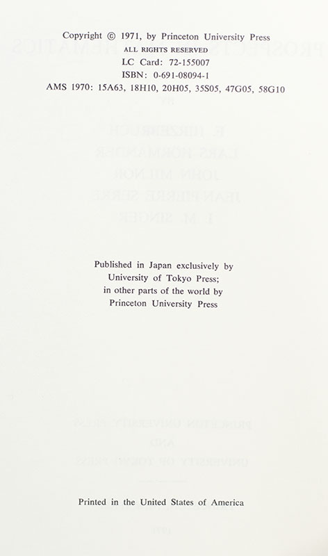 Annals of Mathematics Studies No. 70: Prospects in Mathematics.