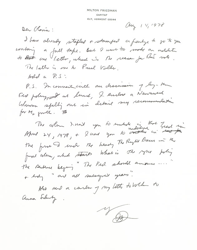 Milton Friedman Autograph Letter Signed.