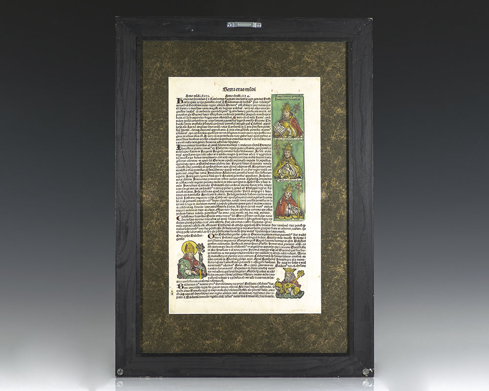 Framed colored leaf CXCVIII from Nuremberg Chronicle.