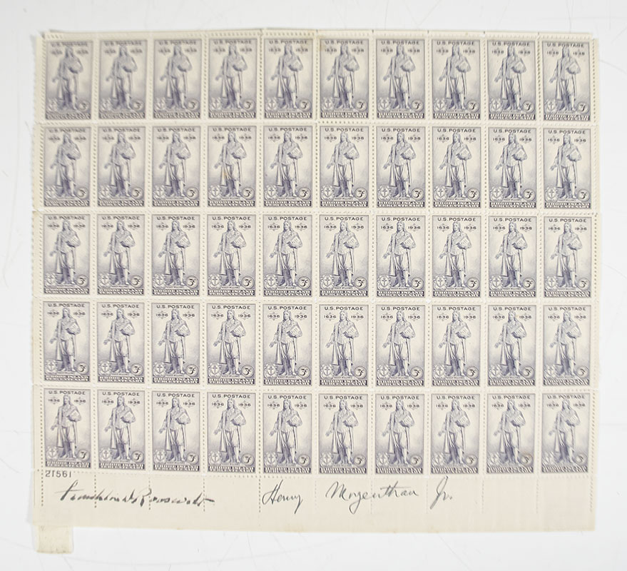 Franklin D. Roosevelt Signed Rhode Island Tercentenary Stamp Block.