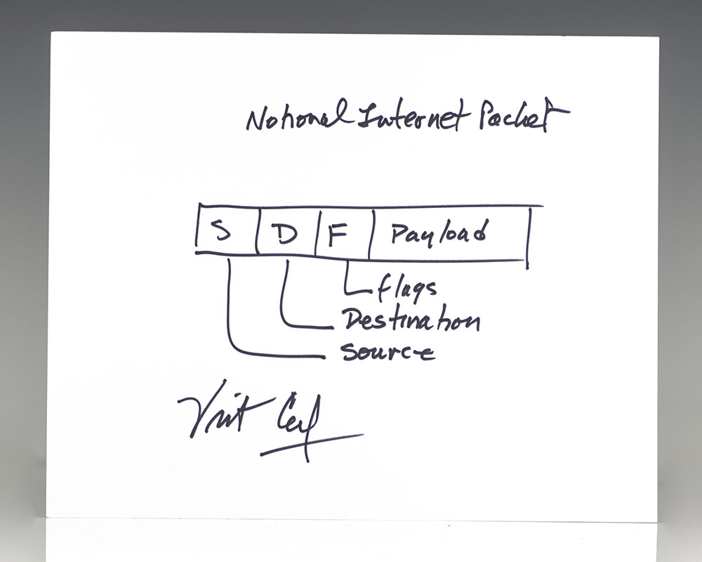 Vint Cerf Autograph Signed Notional Internet Packet Diagram.