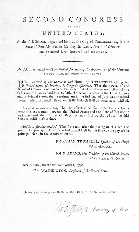 Second Congress of the United States: At the First Session, begun and held at the City of Philadelphia, in the State of Pennsylvania, on Monday the twenty-fourth of October one thousand seven hundred and ninety-one. An Act to extend the Time limited for settling the Accounts of the United States with the Individual States.