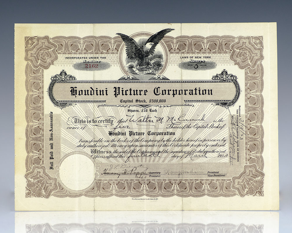 Harry Houdini Signed Houdini Picture Corporation Stock Certificate.