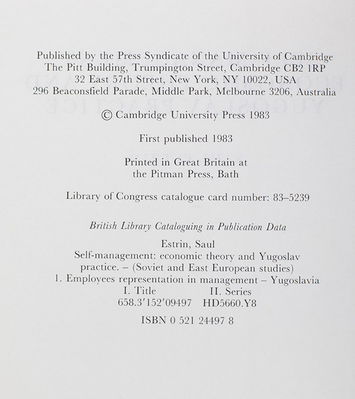 Self-Management: Economic Theory and Yugoslav Practice.