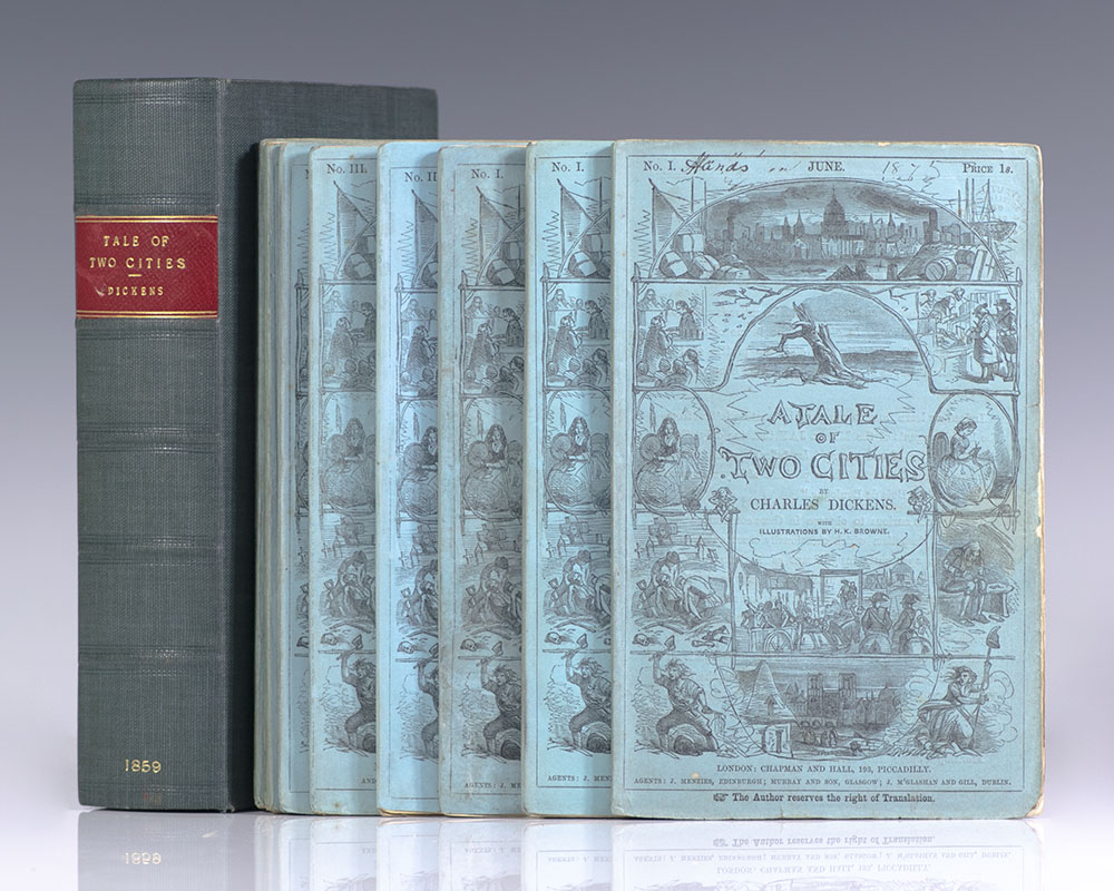 Scarce complete First edition, first issue of Charles Dickens' A Tale of Two Cities; in the original monthly parts; with three variant issues of part 1