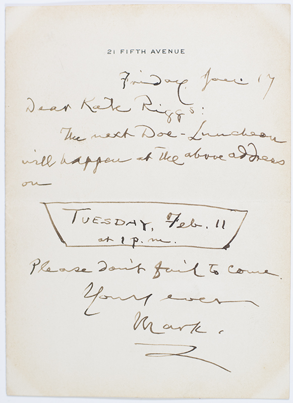 Mark Twain Autograph Invitation Signed.