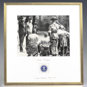 "Parris Island"; Signed Photograph of President Reagan saluting Marines; From the library of Nancy Reagan's Brother
